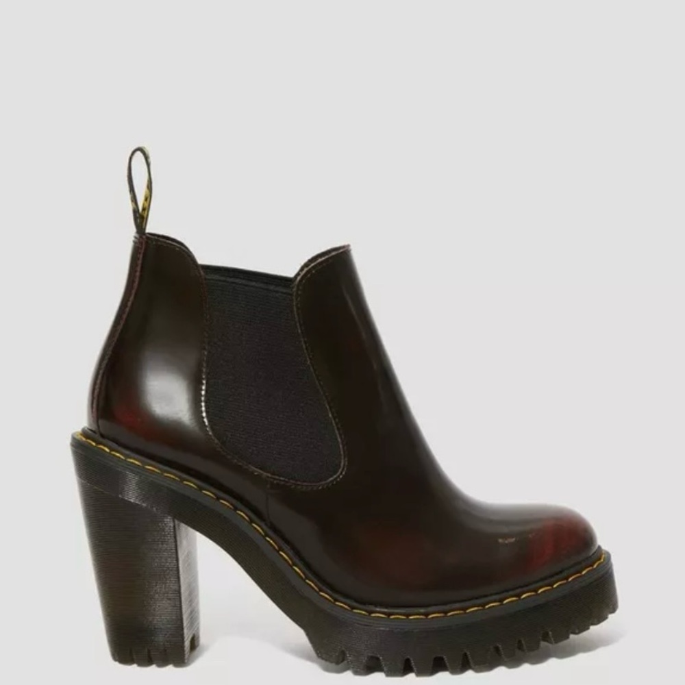 Dr. Martens Women's Oxblood Patent Leather Chunky Heel Chelsea Booties